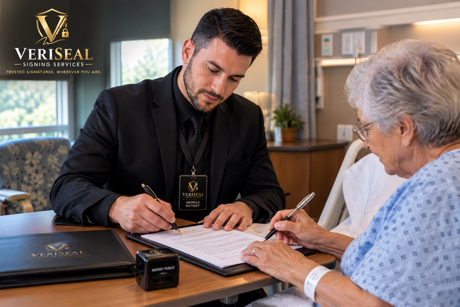 Professional mobile notary assisting a client with documents
